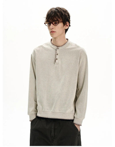 Stitched Henley Collar Crewneck Korean Street Fashion Crewneck By MaxDstr Shop Online at OH Vault