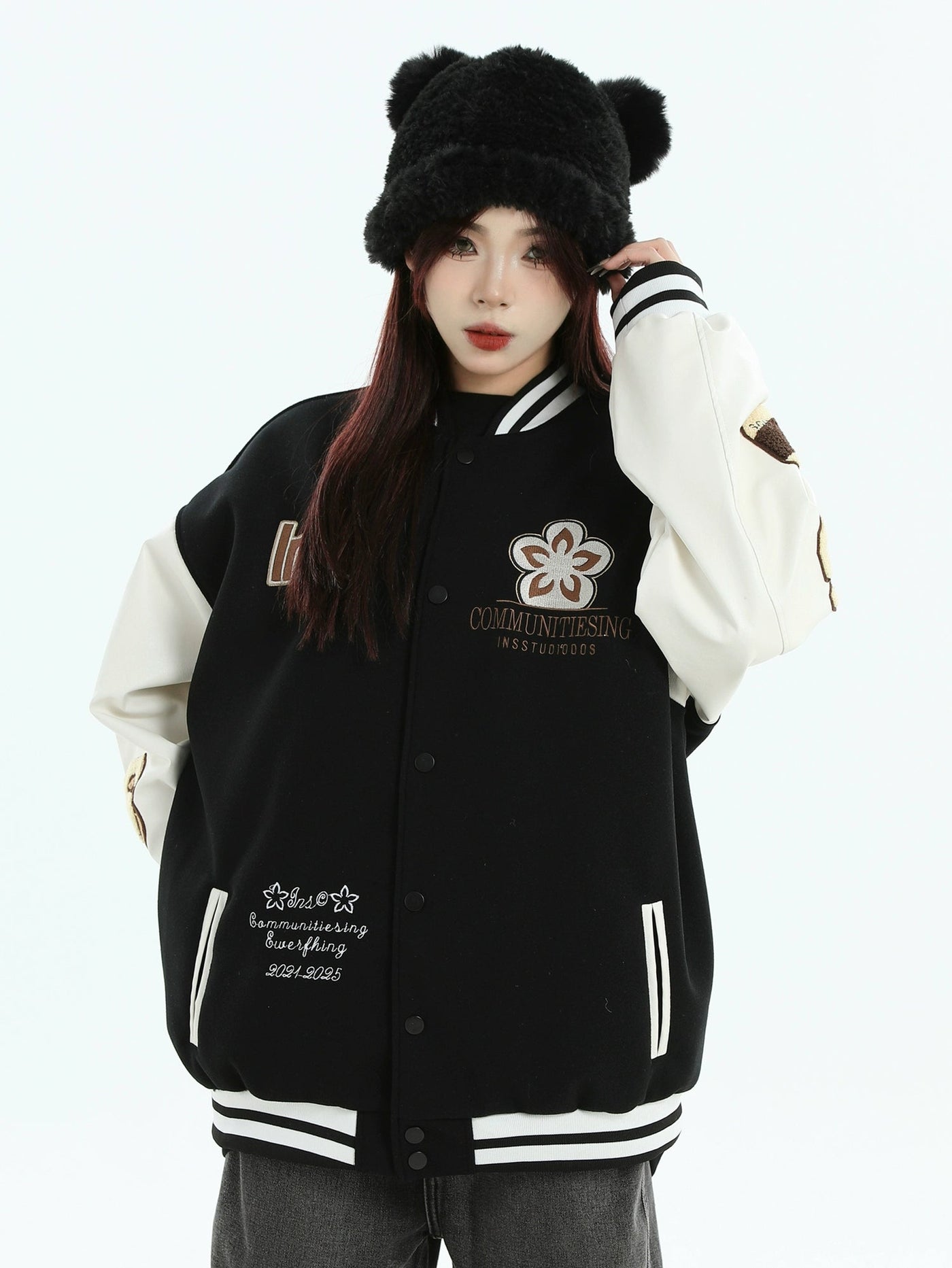 Fuzzy Flower & Logo Embroidery Varsity Jacket Korean Street Fashion Jacket By INS Korea Shop Online at OH Vault