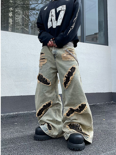 Leopard Ripped Hole Jeans Korean Street Fashion Jeans By Dark Fog Shop Online at OH Vault