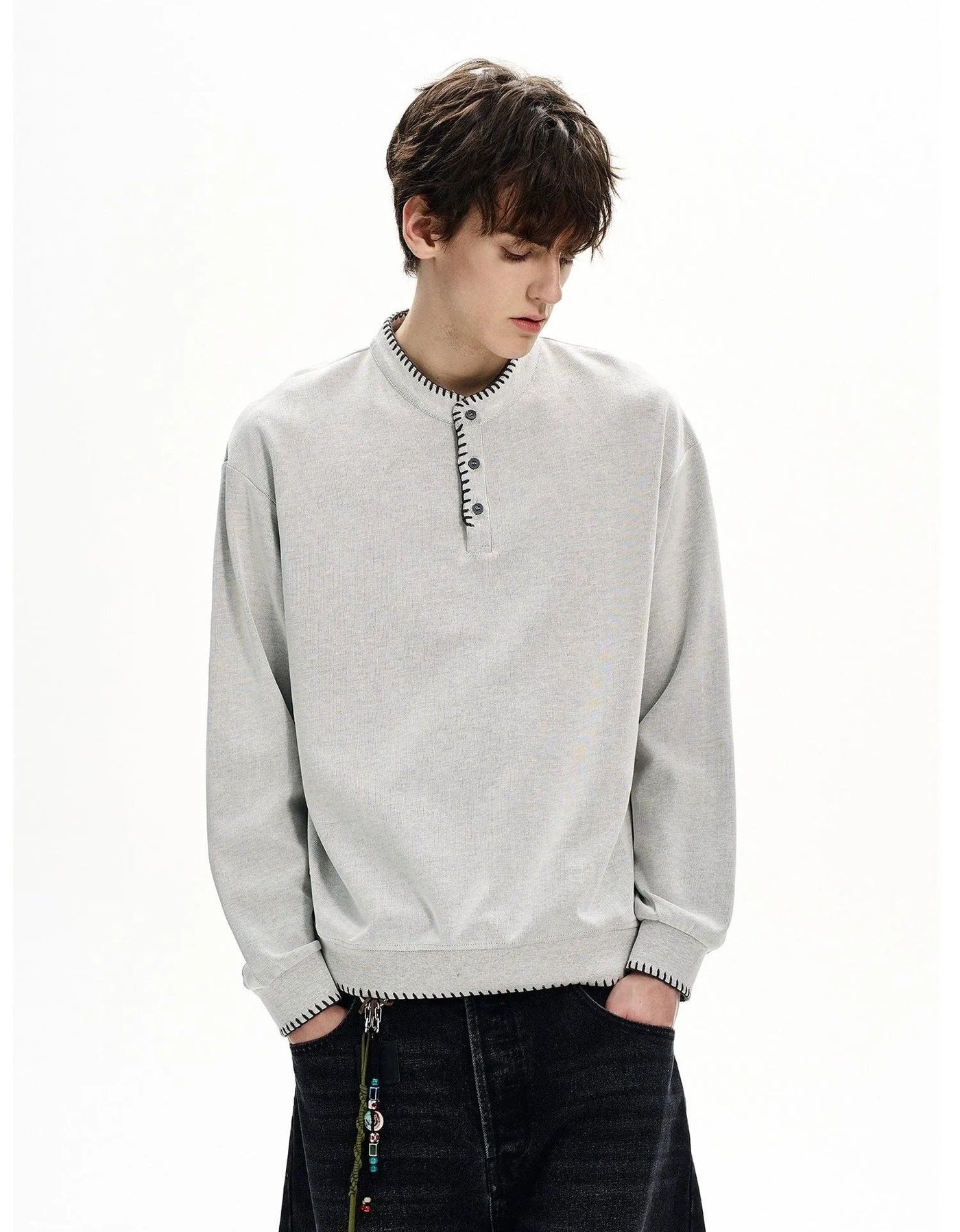 Stitched Henley Collar Crewneck Korean Street Fashion Crewneck By MaxDstr Shop Online at OH Vault