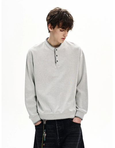 Stitched Henley Collar Crewneck Korean Street Fashion Crewneck By MaxDstr Shop Online at OH Vault