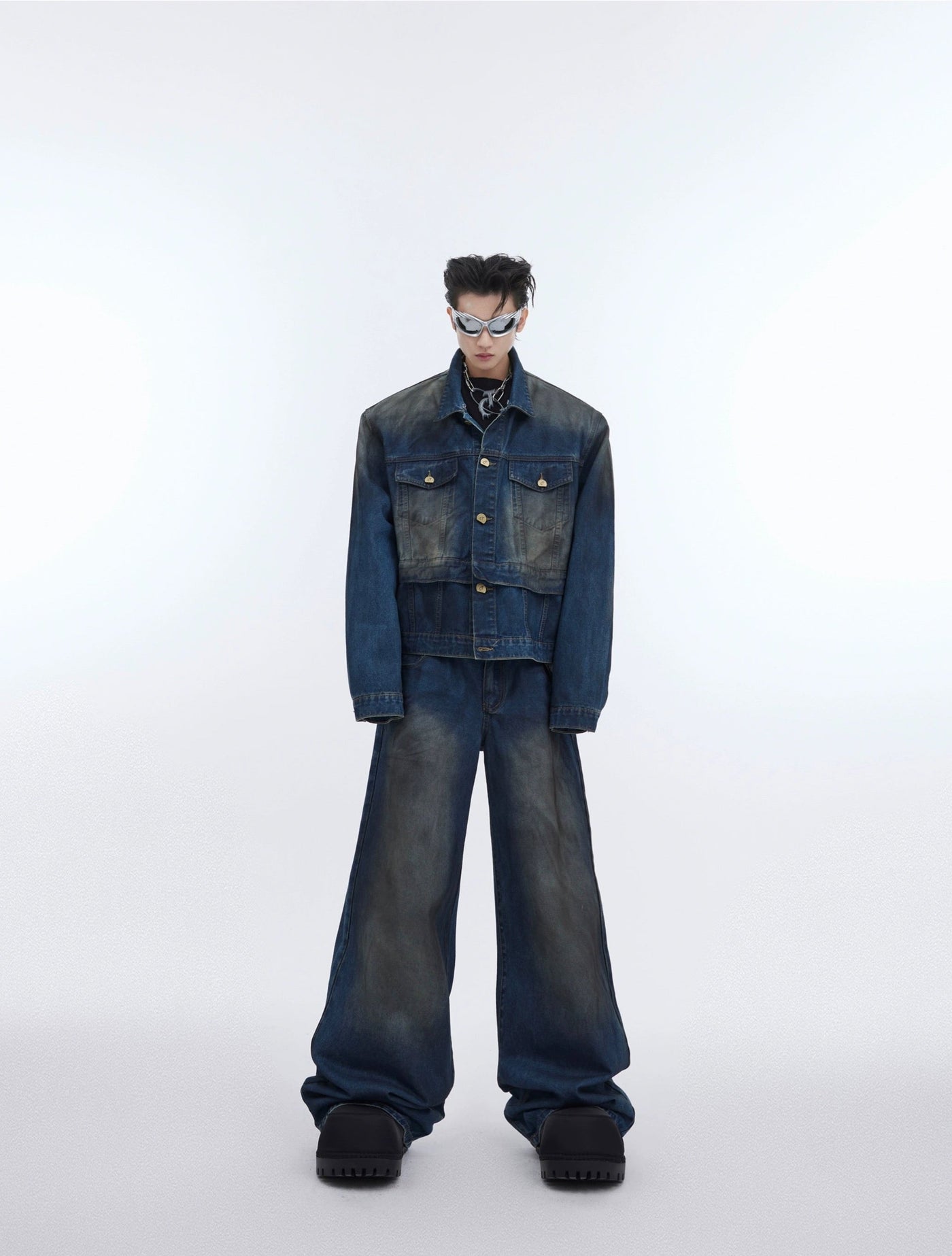 Faded Layered Denim Jacket & Jeans Set Korean Street Fashion Clothing Set By Argue Culture Shop Online at OH Vault