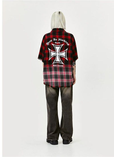 Gradient Plaid Raw Edge Shirt Korean Street Fashion Shirt By Made Extreme Shop Online at OH Vault