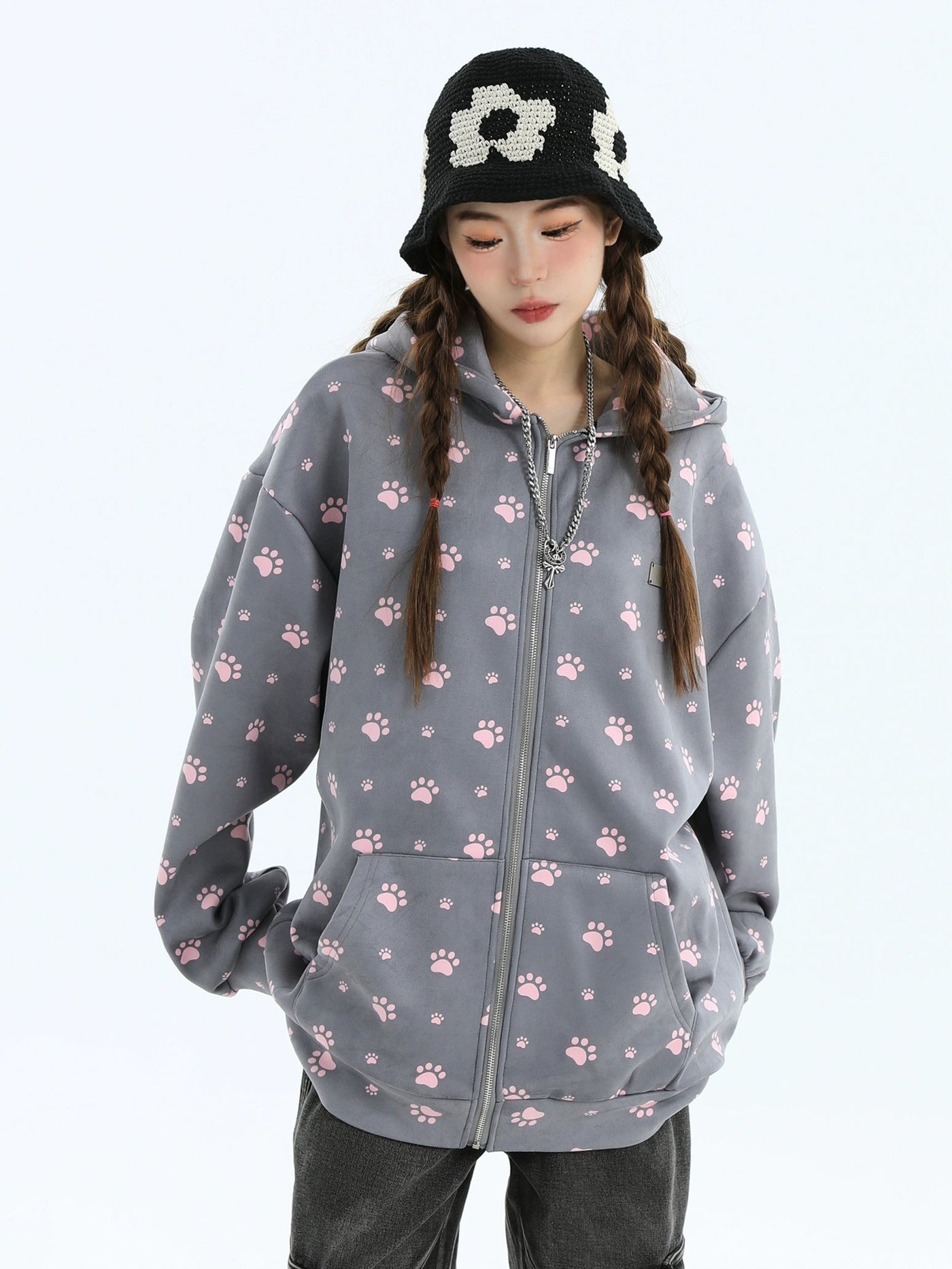 Paw Print Pattern Detail Hoodie Korean Street Fashion Hoodie By INS Korea Shop Online at OH Vault