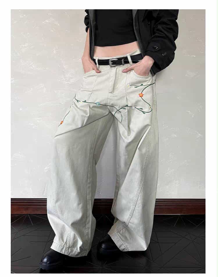 Structured Floral Embroidery Barrel Pants Korean Street Fashion Pants By A PUEE Shop Online at OH Vault