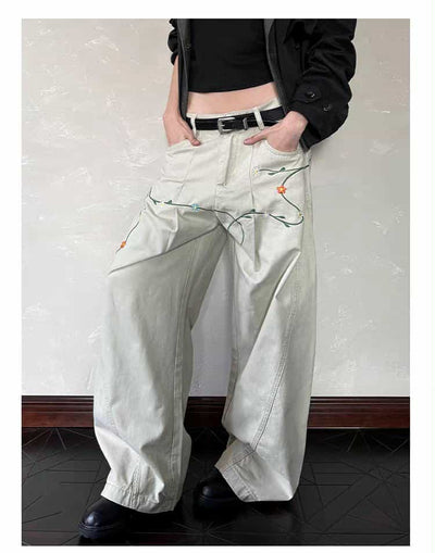 Structured Floral Embroidery Barrel Pants Korean Street Fashion Pants By A PUEE Shop Online at OH Vault