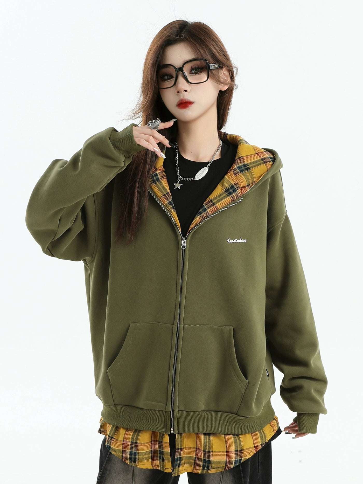 Plaid Layer Zipped Hoodie Korean Street Fashion Hoodie By INS Korea Shop Online at OH Vault