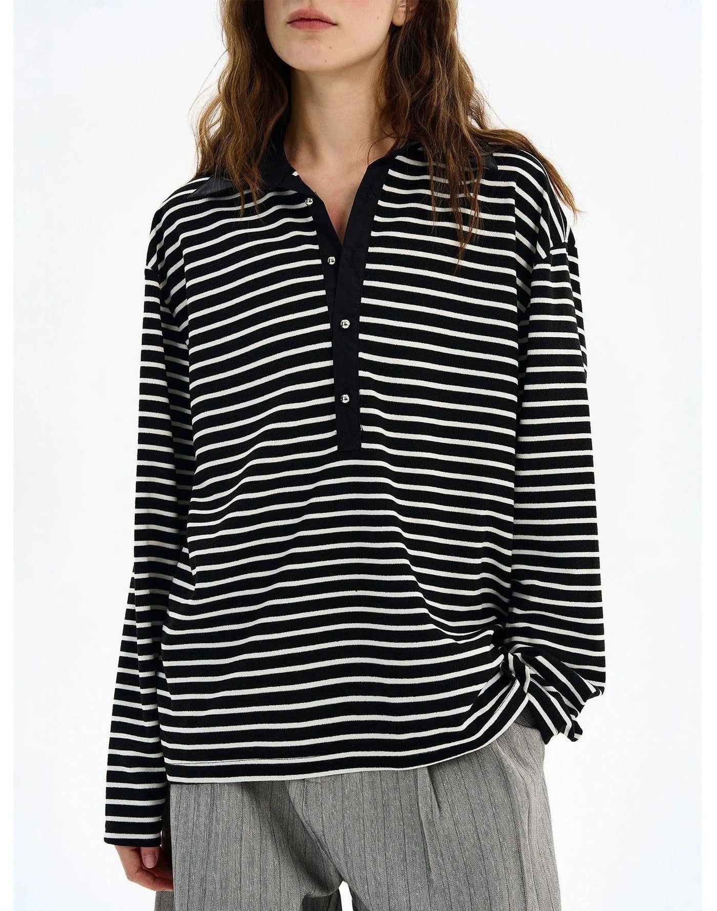 Half-Buttoned Striped L/S Polo Korean Street Fashion Polo By MaxDstr Shop Online at OH Vault