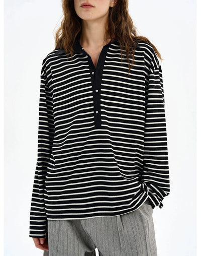 Half-Buttoned Striped L/S Polo Korean Street Fashion Polo By MaxDstr Shop Online at OH Vault
