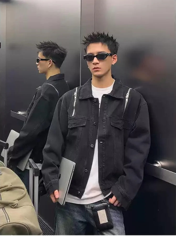 Zipper Detail Denim Jacket Korean Street Fashion Jacket By Poikilotherm Shop Online at OH Vault