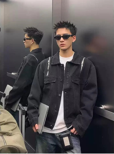 Zipper Detail Denim Jacket Korean Street Fashion Jacket By Poikilotherm Shop Online at OH Vault