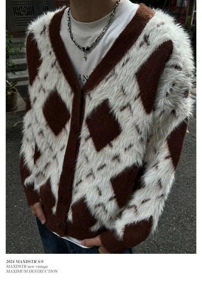 Fuzzy Diagonal Contrast Cardigan Korean Street Fashion Cardigan By MaxDstr Shop Online at OH Vault