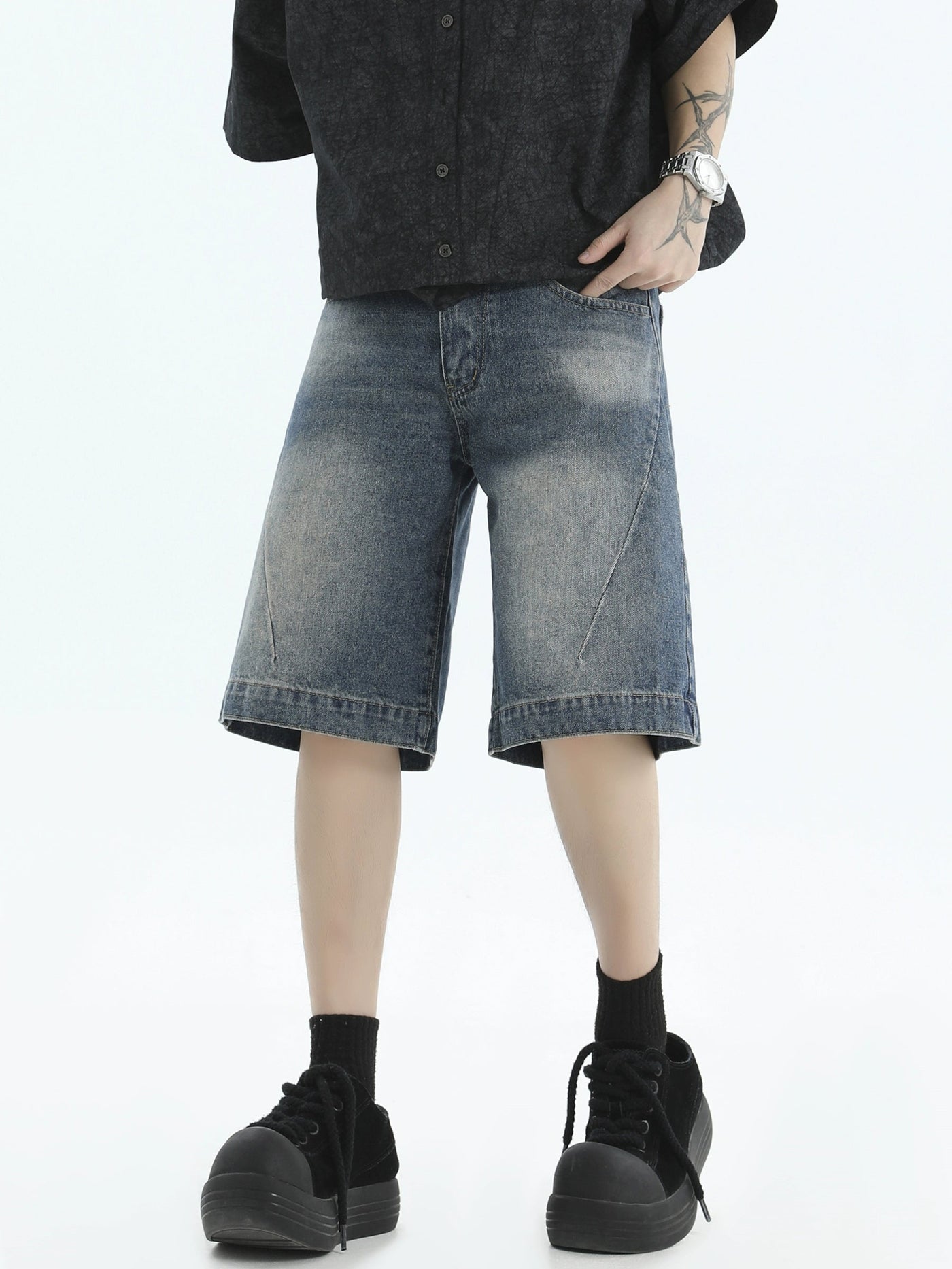 Faded Knee Denim Shorts Korean Street Fashion Shorts By INS Korea Shop Online at OH Vault