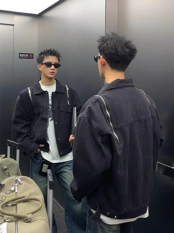 Zipper Detail Denim Jacket Korean Street Fashion Jacket By Poikilotherm Shop Online at OH Vault