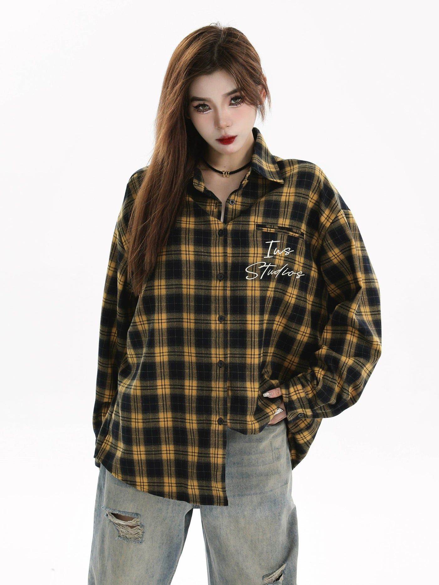 Classic Embroidered Plaid Shirt Korean Street Fashion Shirt By INS Korea Shop Online at OH Vault