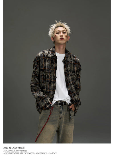 Tie-Dyed Plaid Raw Edge Shirt Korean Street Fashion Shirt By MaxDstr Shop Online at OH Vault