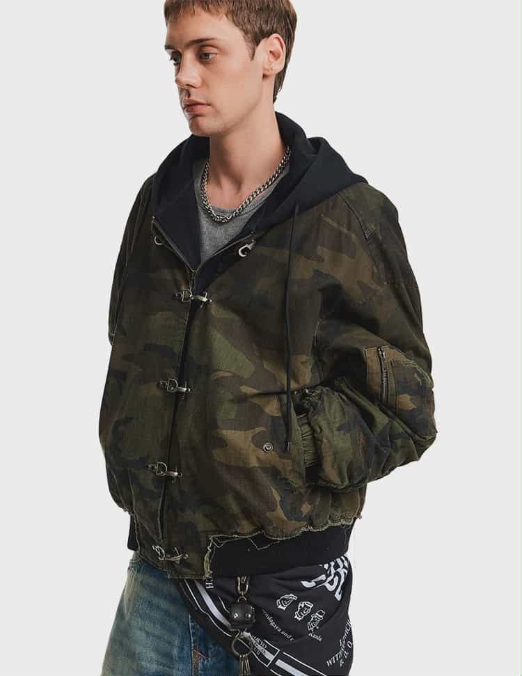 Distressed Fireman Clasp Camo Hooded Jacket Korean Street Fashion Jacket By Mad Witch Shop Online at OH Vault