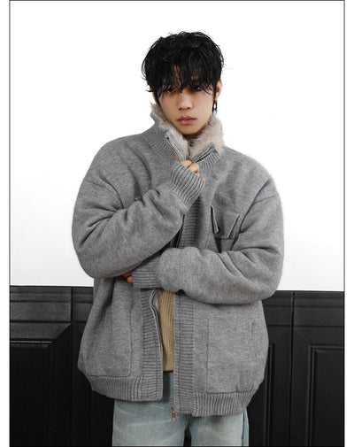 Fur Trimmed Flap Pocket Knit Jacket Korean Street Fashion Jacket By Mr Nearly Shop Online at OH Vault