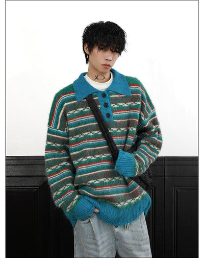 Fuzzy Striped Knit Polo Korean Street Fashion Polo By Mr Nearly Shop Online at OH Vault