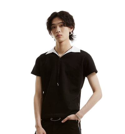 B&W Contrast V-Neck Polo Korean Street Fashion Polo By Funky Fun Shop Online at OH Vault