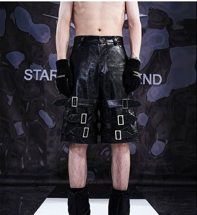 Multi-Buckled Sleek PU Leather Shorts Korean Street Fashion Shorts By Slim Black Shop Online at OH Vault