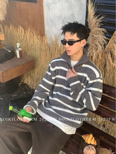 Two-Tone Striped Half-Zip Korean Street Fashion Half-Zip By Poikilotherm Shop Online at OH Vault