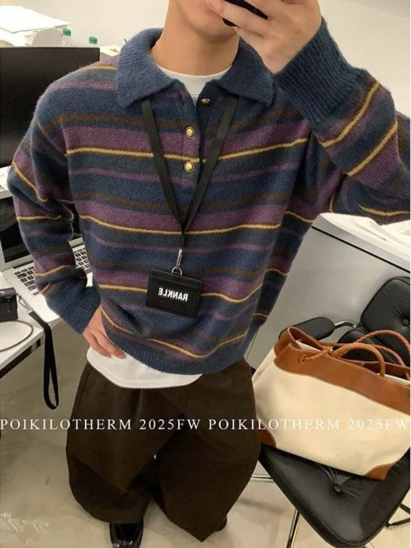 Striped Polo Neck Sweater Korean Street Fashion Sweater By Poikilotherm Shop Online at OH Vault