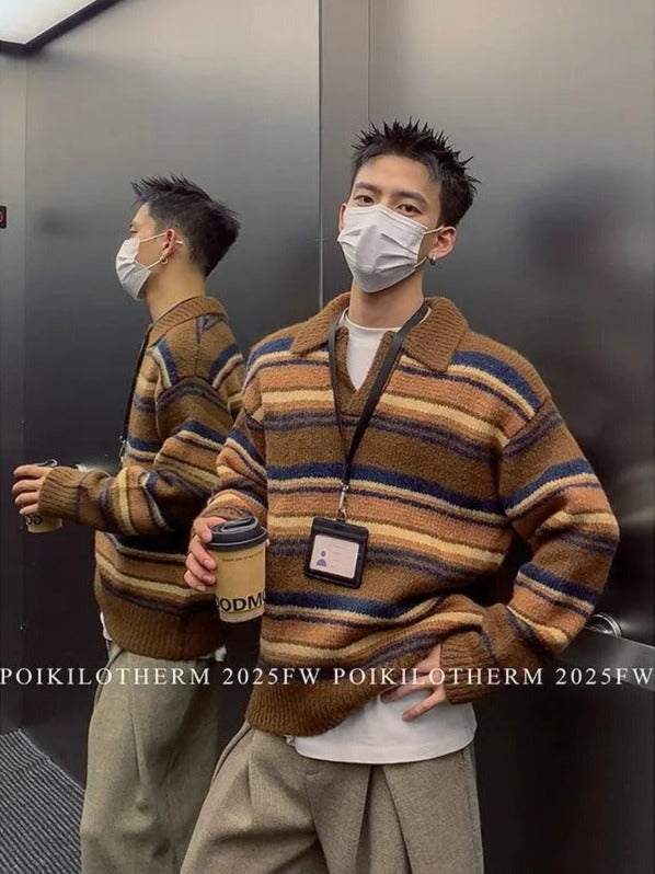 Striped Collared V-Neck Sweater Korean Street Fashion Sweater By Poikilotherm Shop Online at OH Vault