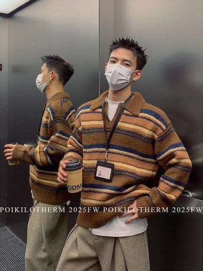 Striped Collared V-Neck Sweater Korean Street Fashion Sweater By Poikilotherm Shop Online at OH Vault