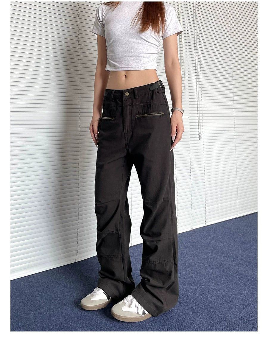 Zip pocket Strap Detail Flared Cargo Pants Korean Street Fashion Pants By Apocket Shop Online at OH Vault