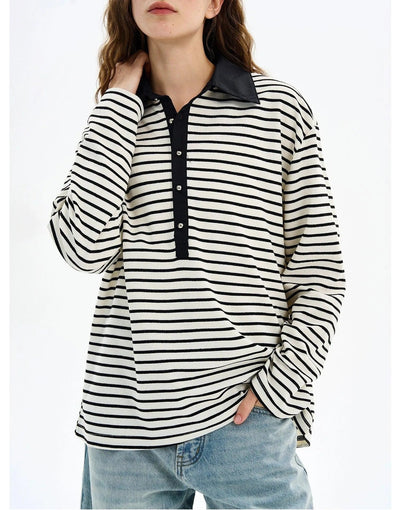 Half-Buttoned Striped L/S Polo Korean Street Fashion Polo By MaxDstr Shop Online at OH Vault