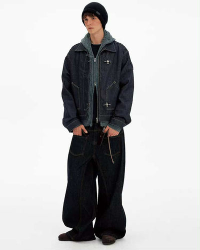 Topstitched Fireman Clasp Denim Jacket Korean Street Fashion Jacket By Mad Witch Shop Online at OH Vault