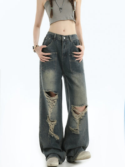 Multi-Pocket Ripped Detail Jeans Korean Street Fashion Jeans By INS Korea Shop Online at OH Vault