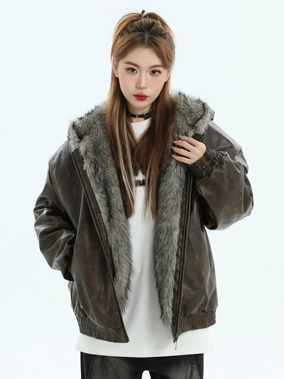 Side Pocket Fur Trimmed PU Leather Jacket Korean Street Fashion Jacket By INS Korea Shop Online at OH Vault