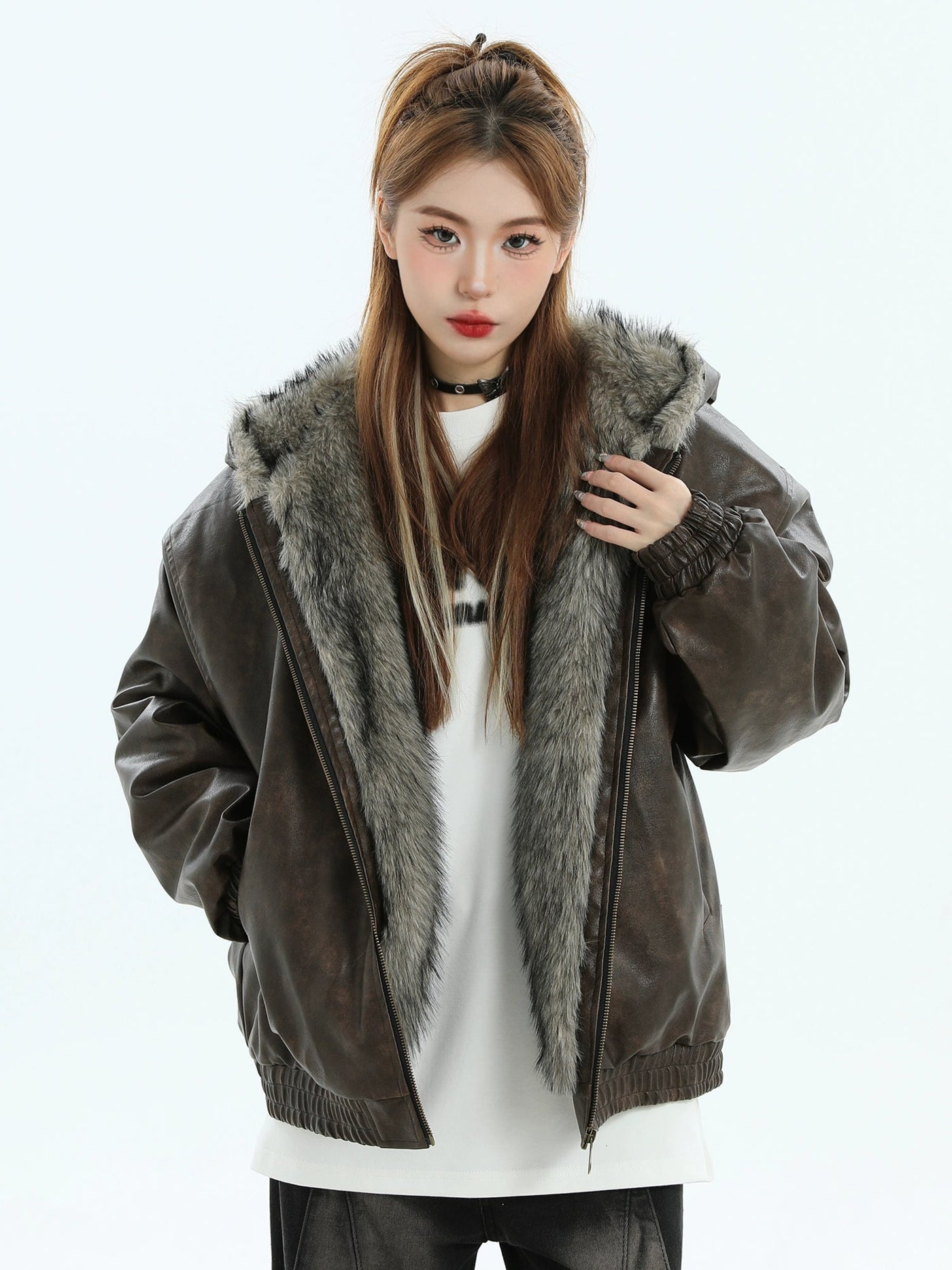 Side Pocket Fur Trimmed PU Leather Jacket Korean Street Fashion Jacket By INS Korea Shop Online at OH Vault