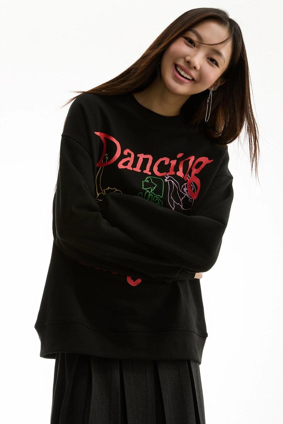 Dancing Laughing Text Graphic Crewneck Korean Street Fashion Crewneck By Funky Fun Shop Online at OH Vault