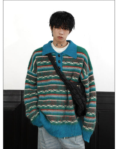 Fuzzy Striped Knit Polo Korean Street Fashion Polo By Mr Nearly Shop Online at OH Vault