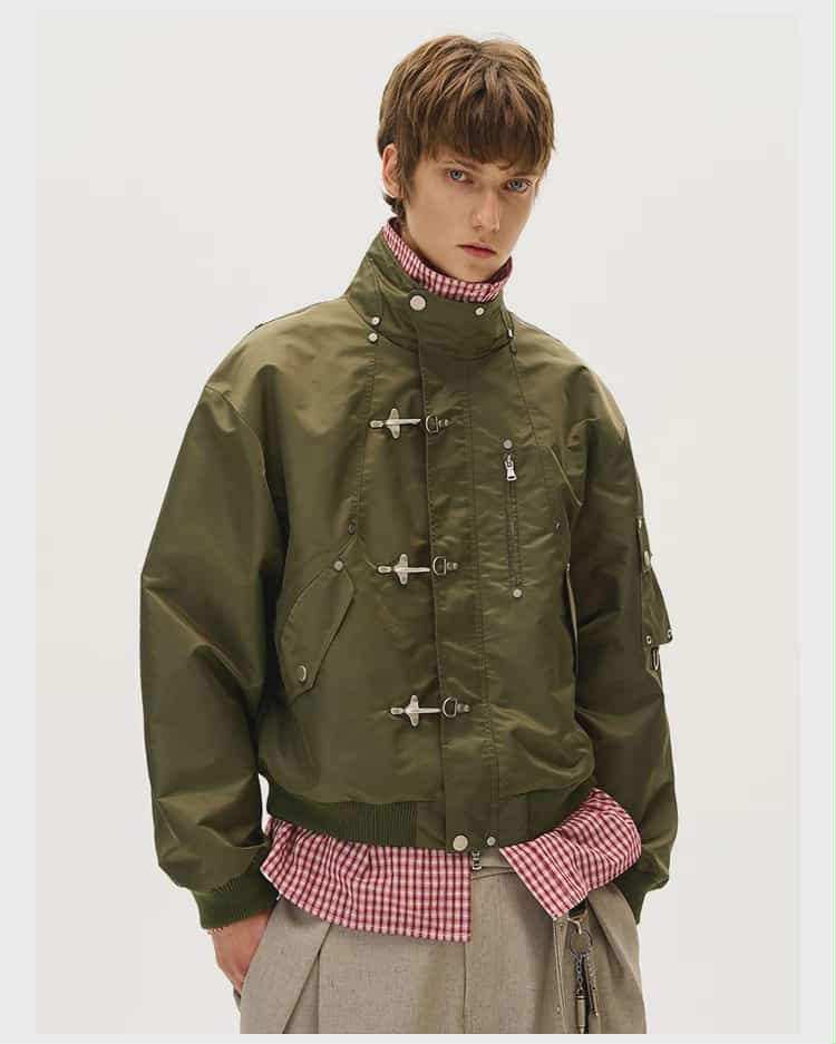 Stand Collar Fireman Clasp Bomber Jacket Korean Street Fashion Jacket By Mad Witch Shop Online at OH Vault