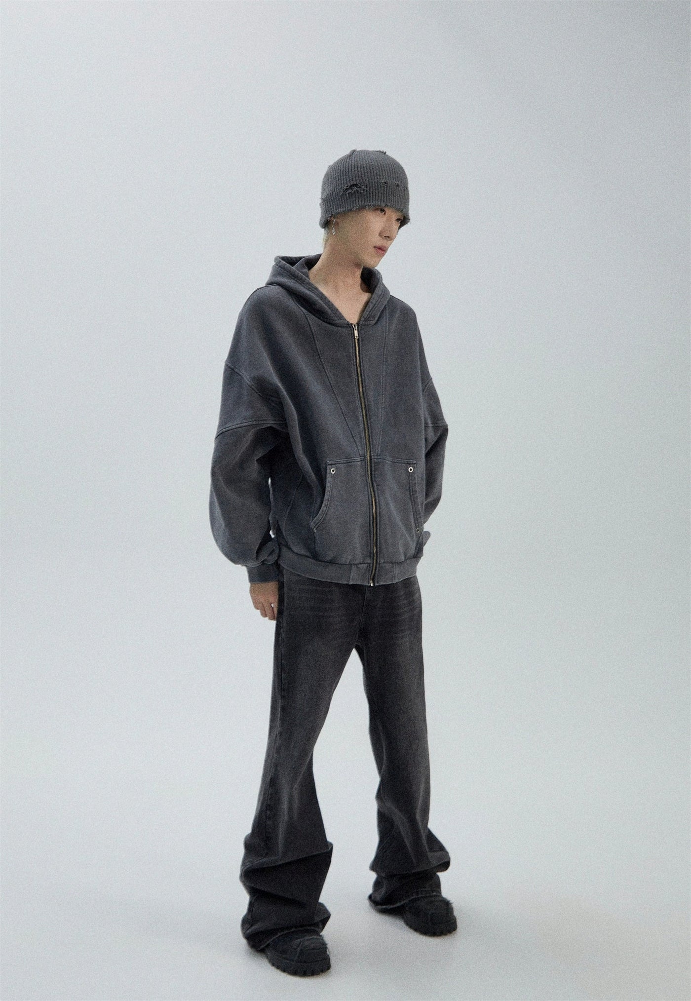 Old School Washed Zip-Up Hoodie Korean Street Fashion Hoodie By Ash Dark Shop Online at OH Vault