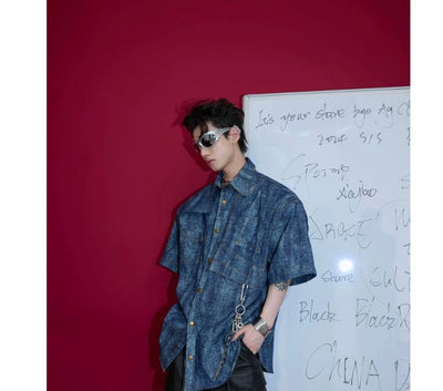 Denim Texture Buttoned Shirt Korean Street Fashion Shirt By Argue Culture Shop Online at OH Vault