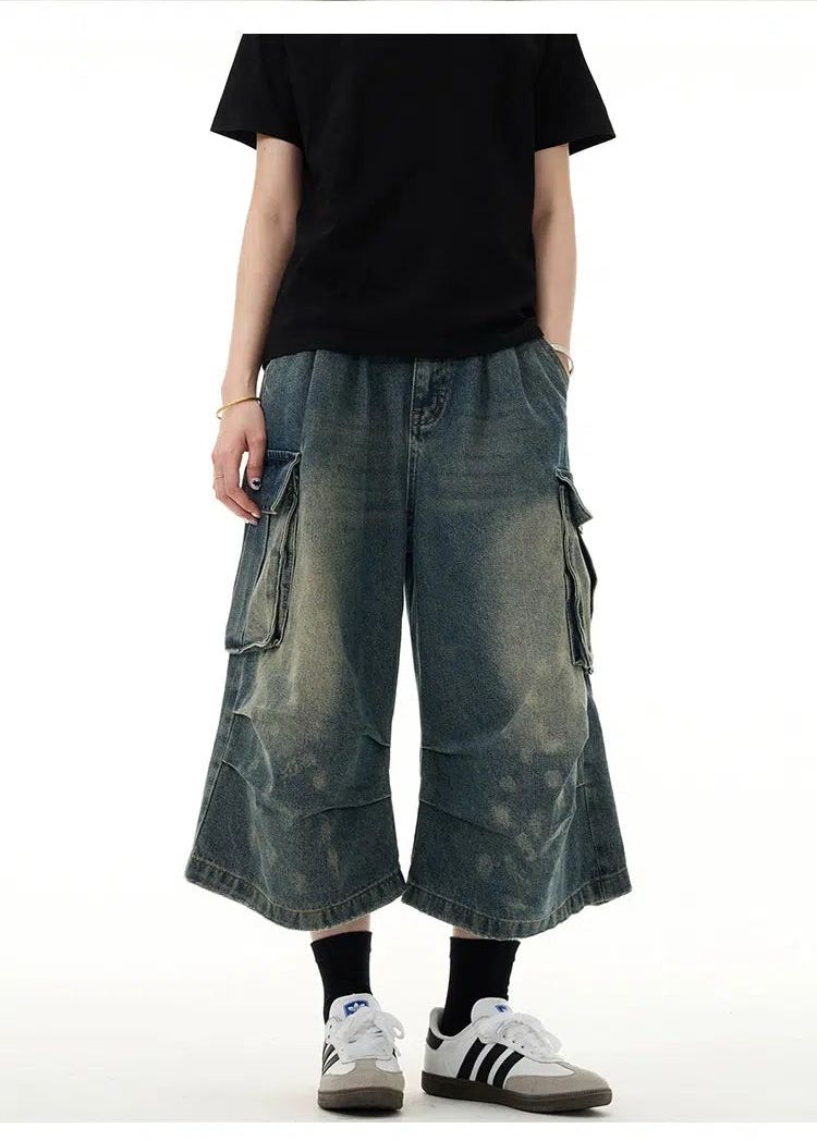 Bleach Washed Pleats Denim Shorts Korean Street Fashion Shorts By Mad Witch Shop Online at OH Vault