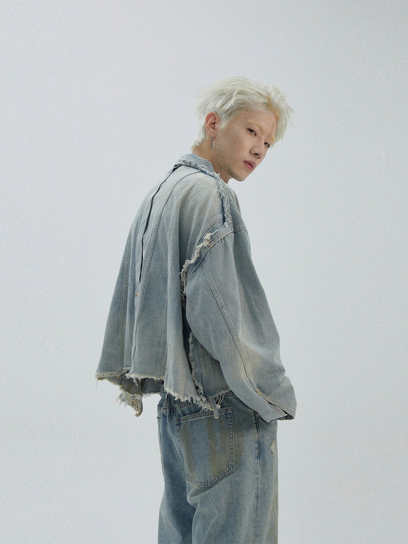 Faded Raw Edge Boxy Denim Jacket Korean Street Fashion Jacket By Ash Dark Shop Online at OH Vault