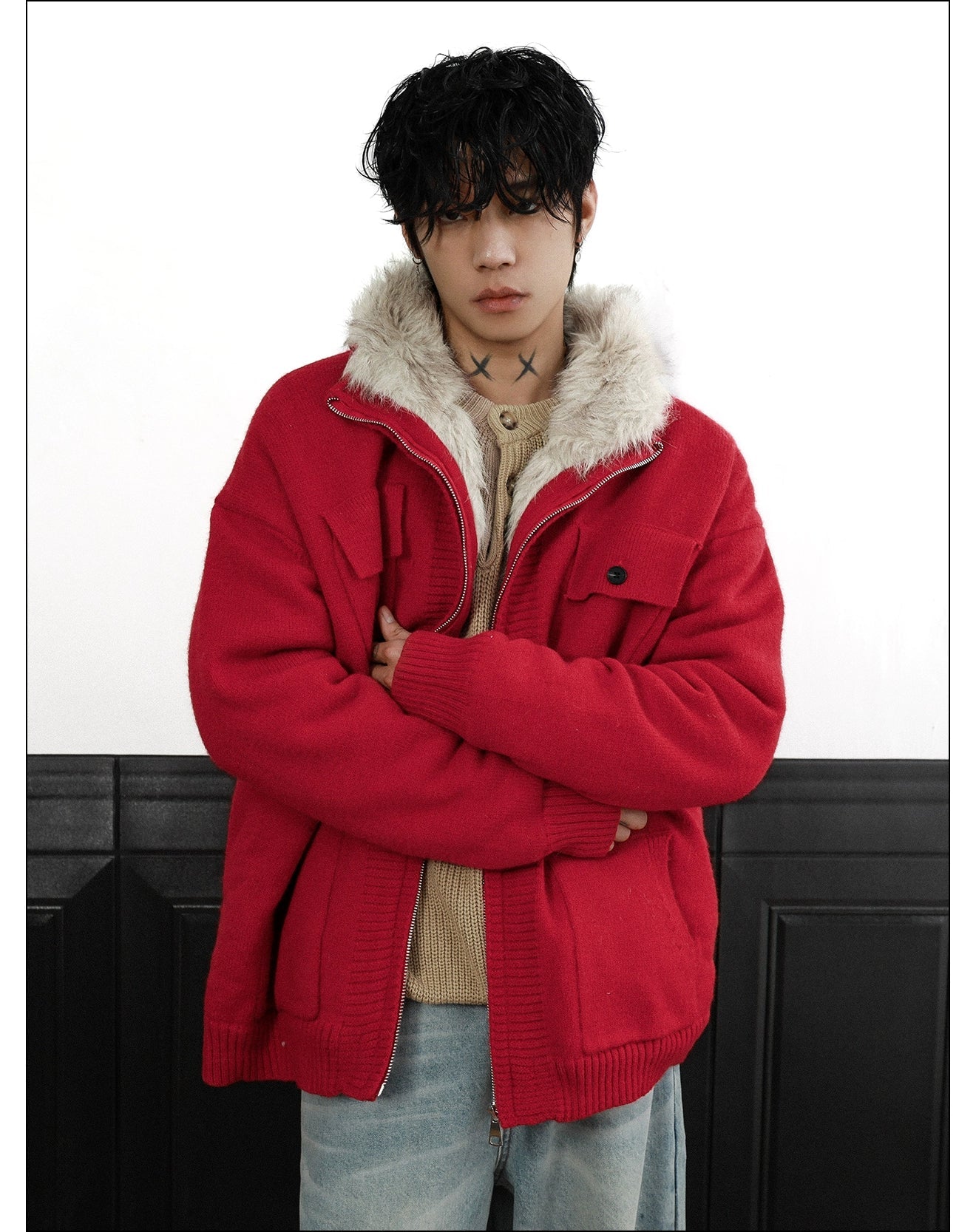 Fur Trimmed Flap Pocket Knit Jacket Korean Street Fashion Jacket By Mr Nearly Shop Online at OH Vault