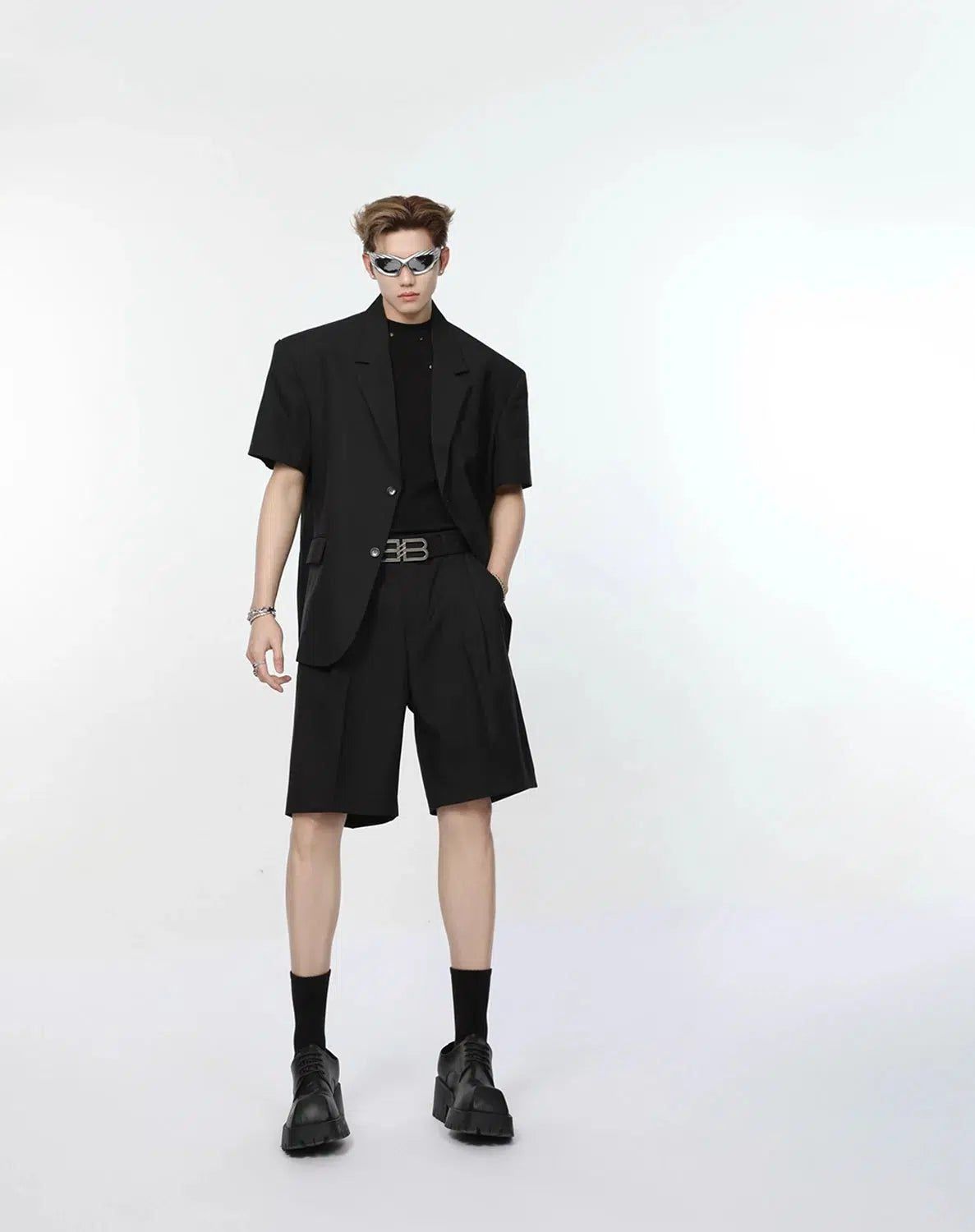 Solid Color Shoulder Pad Blazer & Pants & Shorts Set Korean Street Fashion Clothing Set By Turn Tide Shop Online at OH Vault