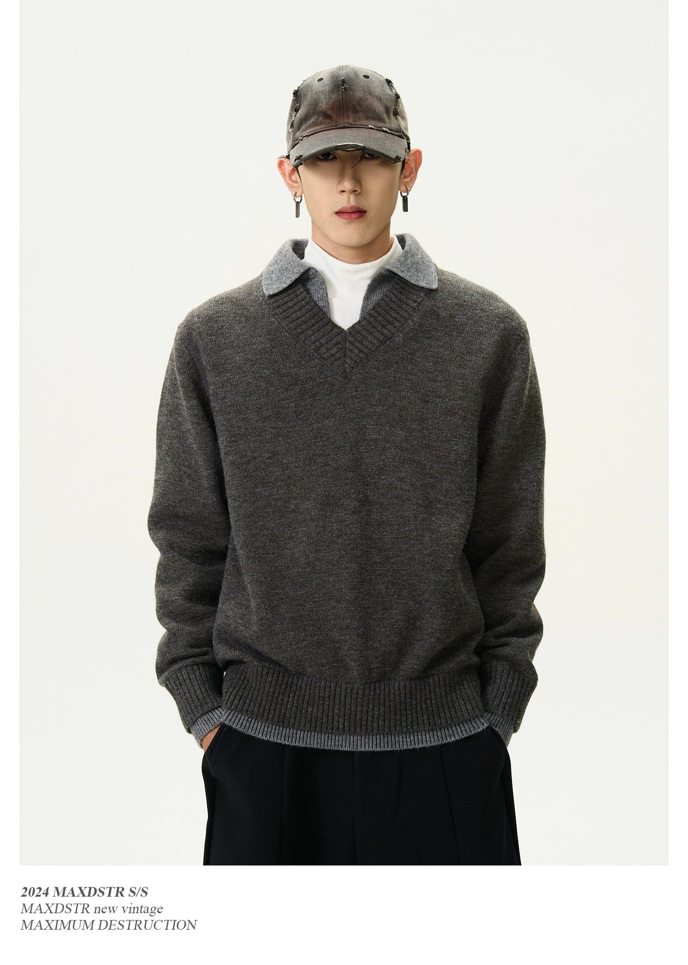 Solid Relaxed Fit V-Neck Sweater Korean Street Fashion Sweater By MaxDstr Shop Online at OH Vault