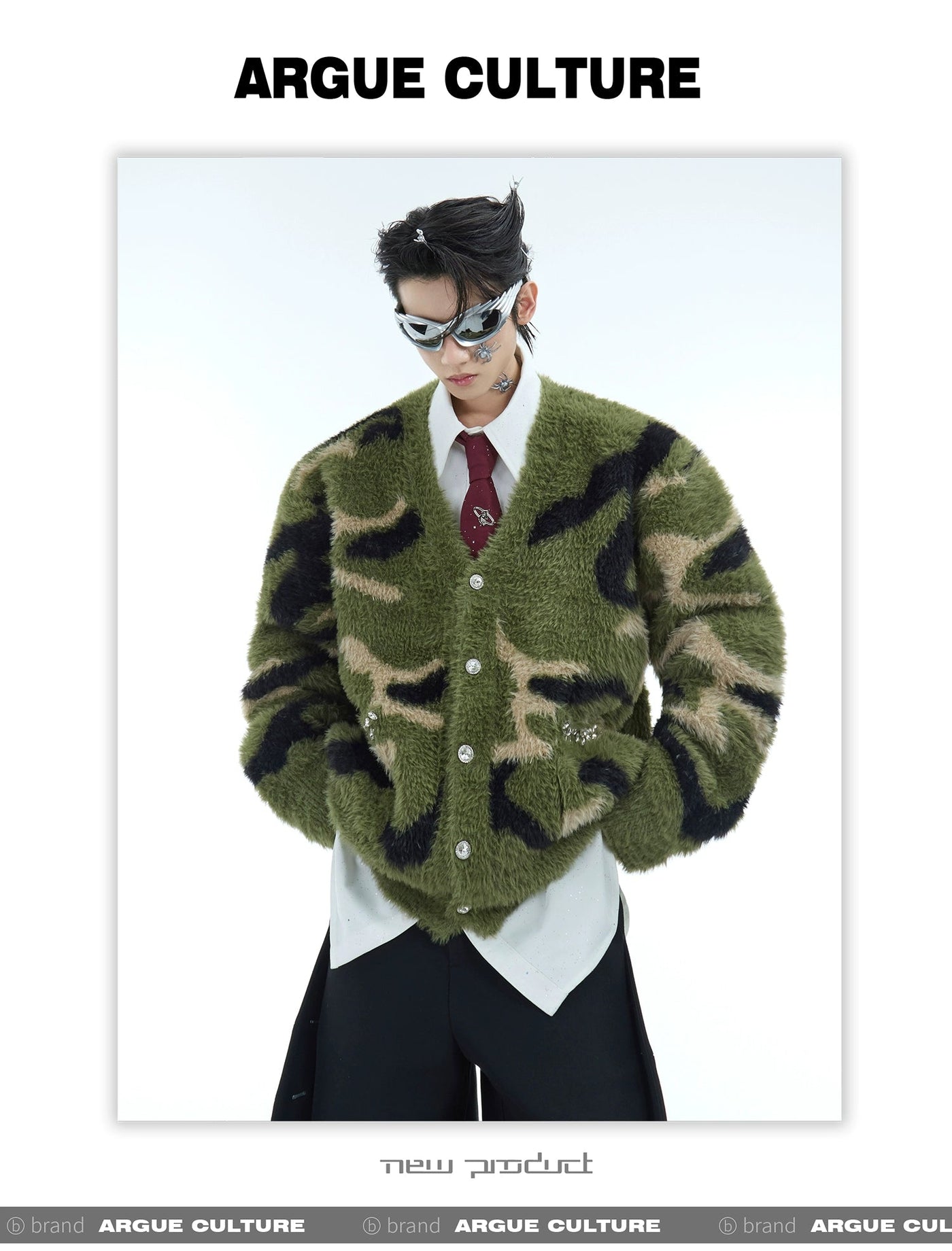 Fur Camo Diamond V-Neck Cardigan Korean Street Fashion Cardigan By Argue Culture Shop Online at OH Vault