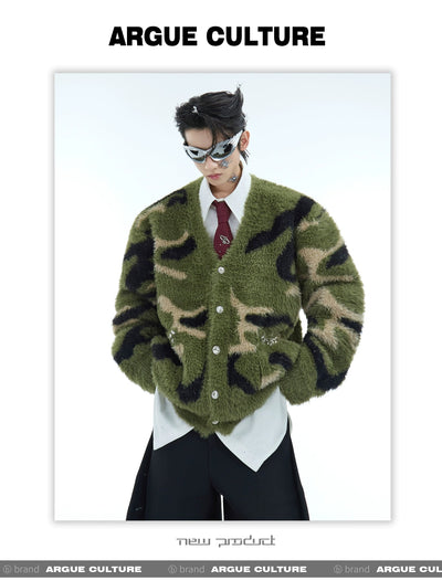 Fur Camo Diamond V-Neck Cardigan Korean Street Fashion Cardigan By Argue Culture Shop Online at OH Vault