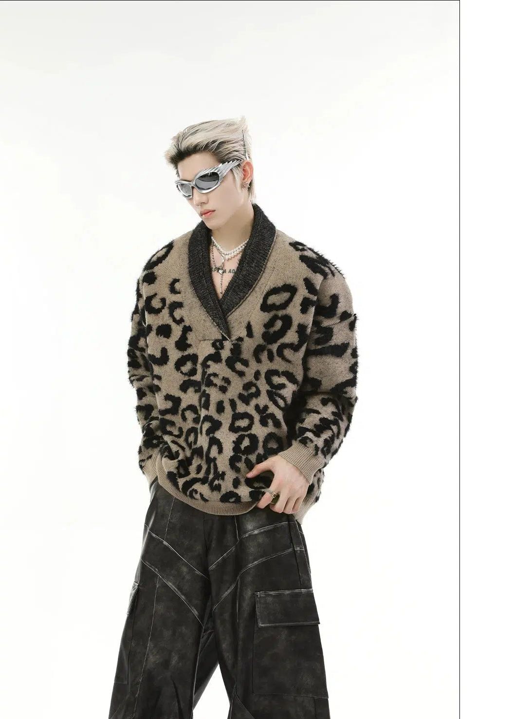 Leopard Print V-Neck Sweater Korean Street Fashion Sweater By Turn Tide Shop Online at OH Vault