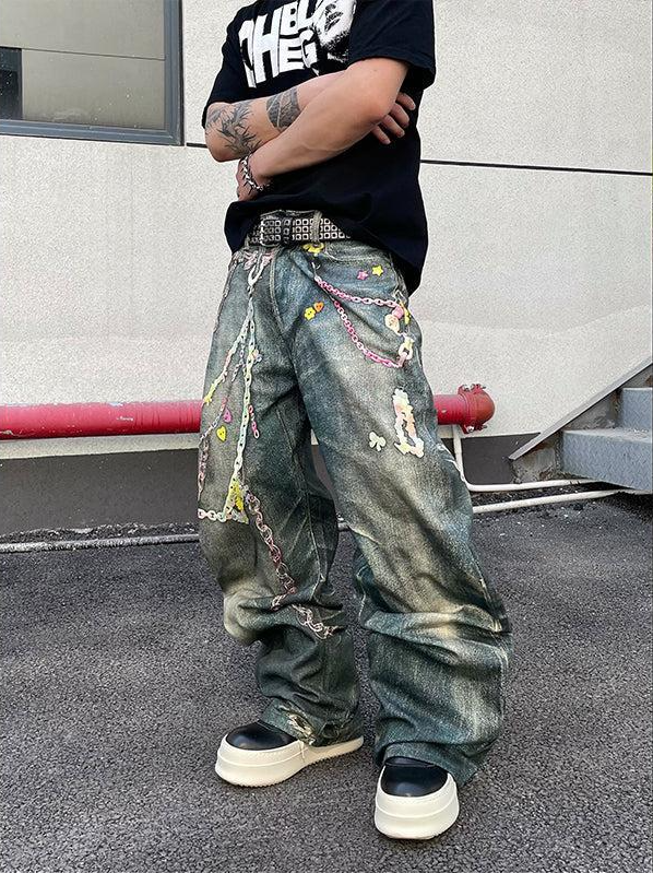 Colorful Chain Loose Fit Jeans Korean Street Fashion Jeans By Dark Fog Shop Online at OH Vault