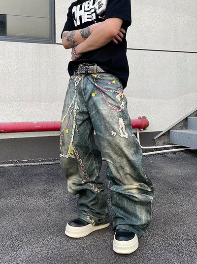 Colorful Chain Loose Fit Jeans Korean Street Fashion Jeans By Dark Fog Shop Online at OH Vault